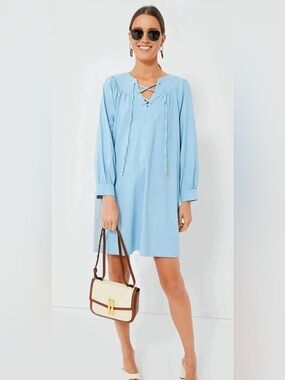 Tuckernuck Pomander Place Dress XXL 2XL Blue Preppy Long Sleeve Lace Up Ties